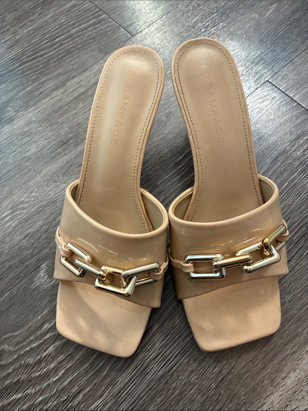 Rampage Nude Patent Slide Mules with Gold Chain Accent